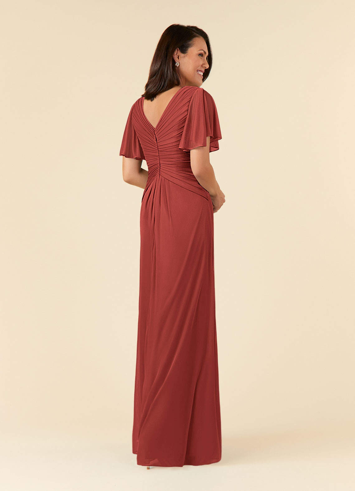 Azazie Emmeline Mother of the Bride Dresses Terracotta A-Line V-Neck Pleated Mesh Dress image3