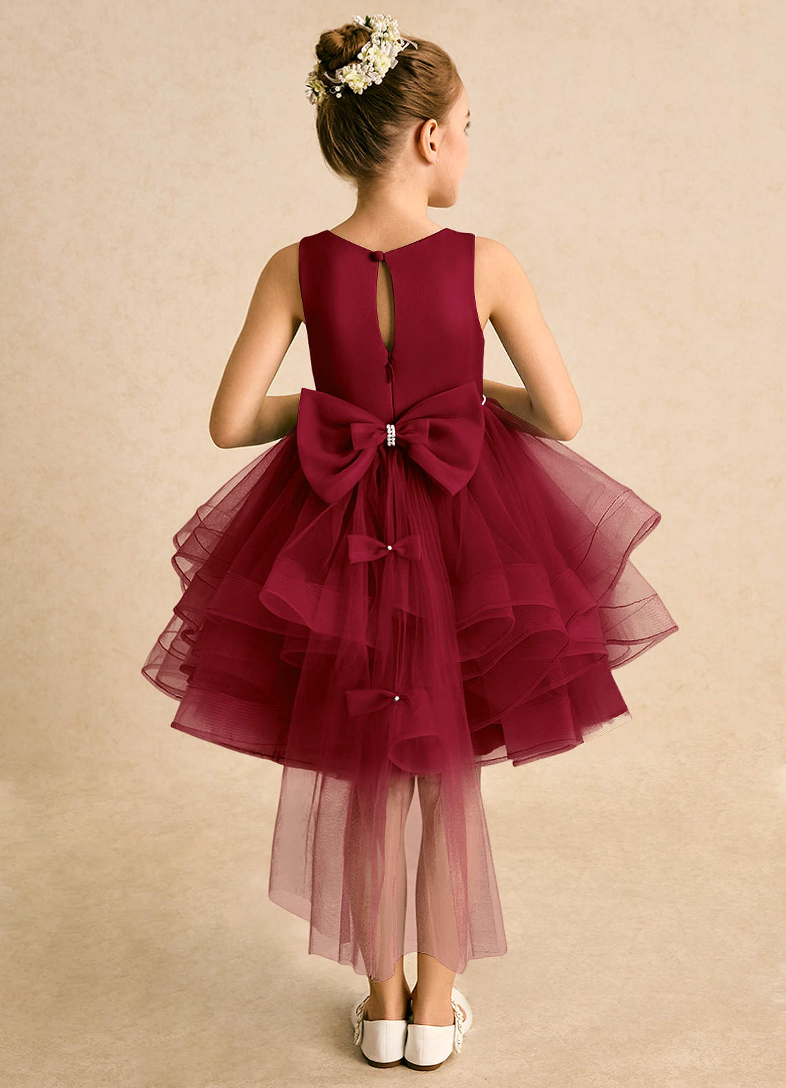 Azazie Tinie Flower Girl Dresses Burgundy Ball-Gown Bow Tulle Dress image1