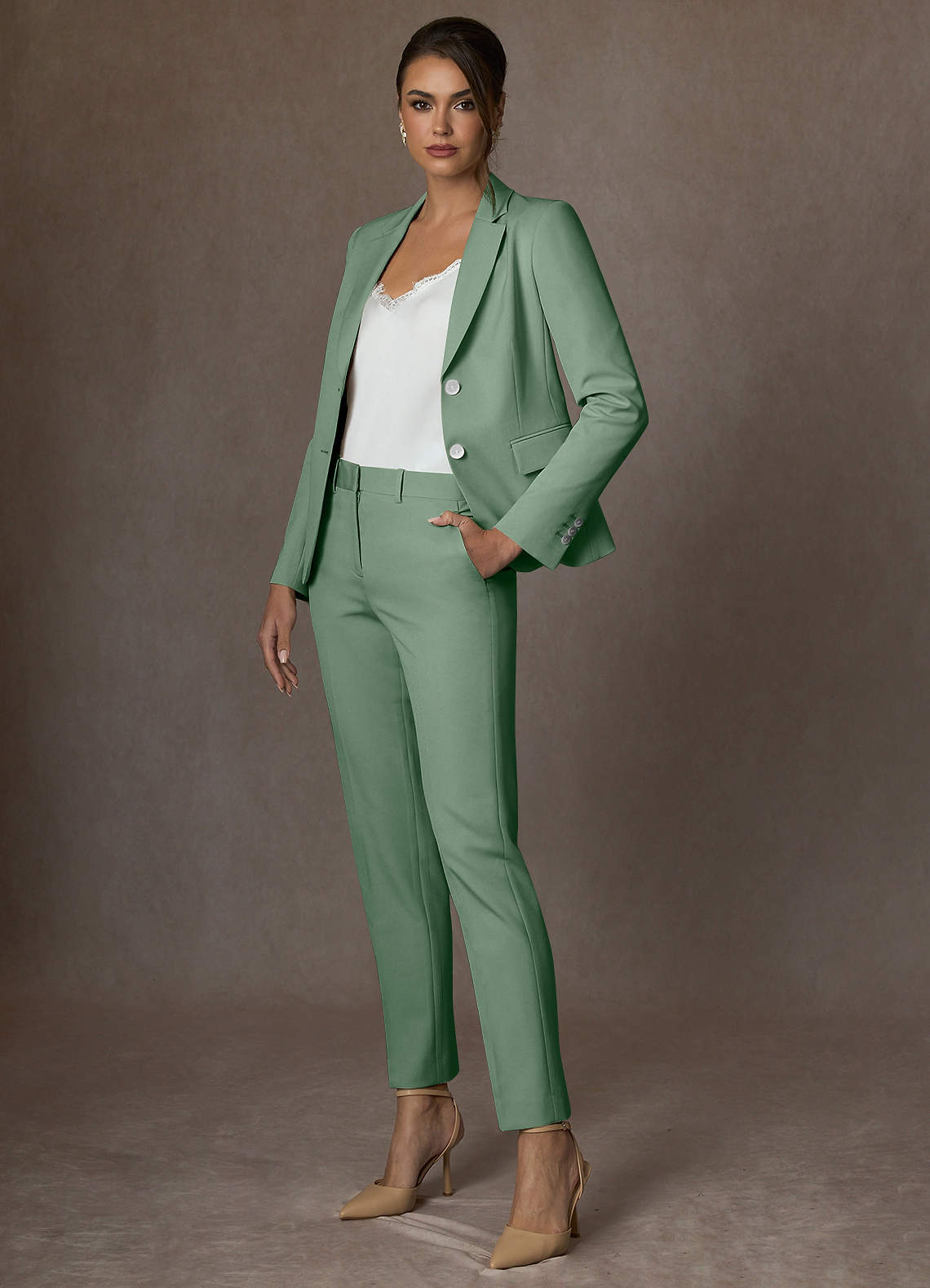 front Whitney Matcha Structured Stretch Blazer