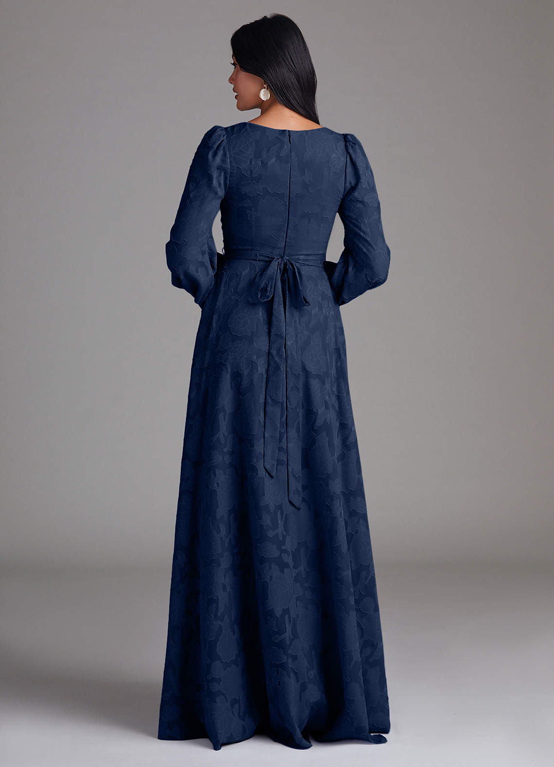 Azazie Leonia Bridesmaid Dresses Dark Navy A-Line Long Sleeve Floral Burnout Dress image2