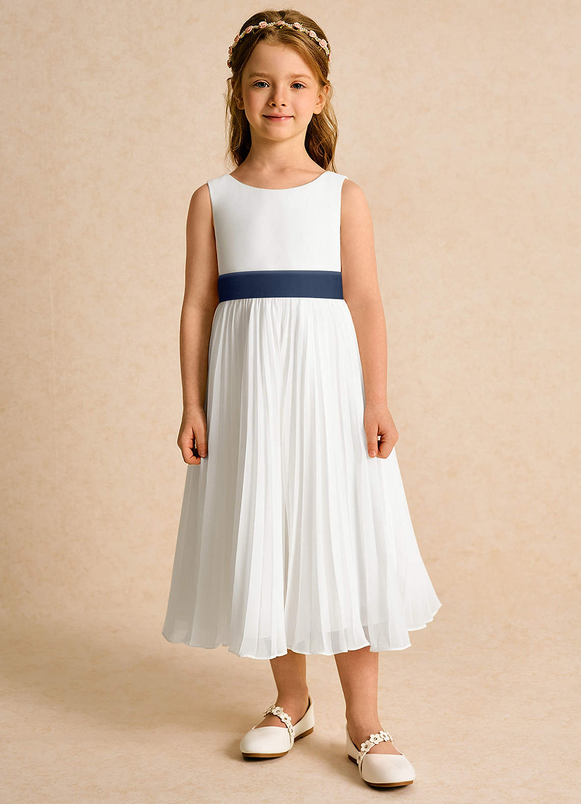 Azazie Margot Flower Girl Dresses Ivory Dark Navy A-Line Pleated Chiffon Dress image5