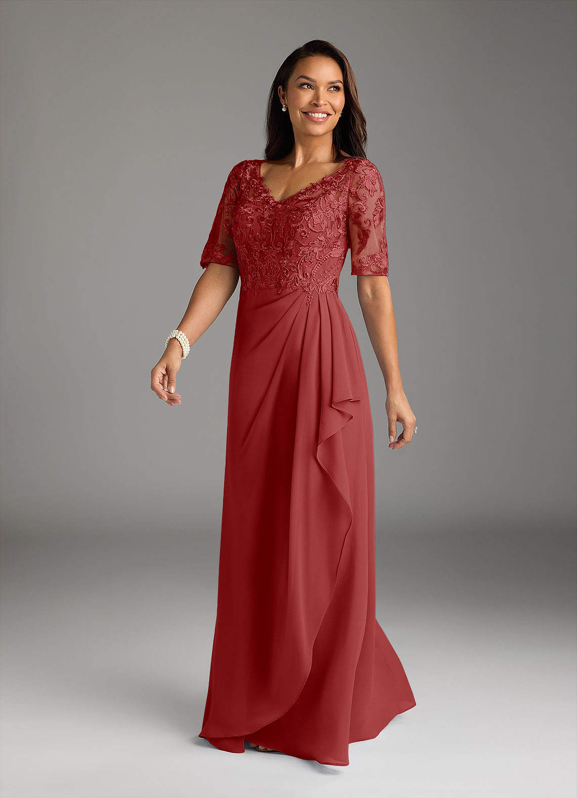 Azazie Amedeus Mother of the Bride Dresses Rust A-Line V-Neck Lace Chiffon Dress image1