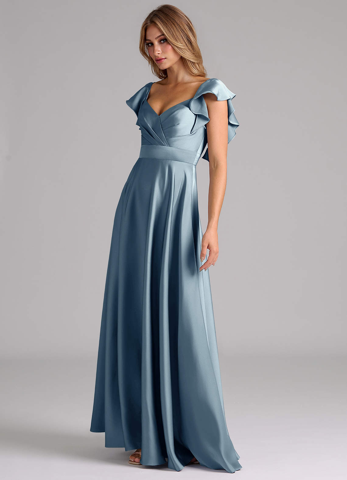 Azazie Leilani Bridesmaid Dresses Dusty Blue A-Line Ruched Stretch Satin Dress image7