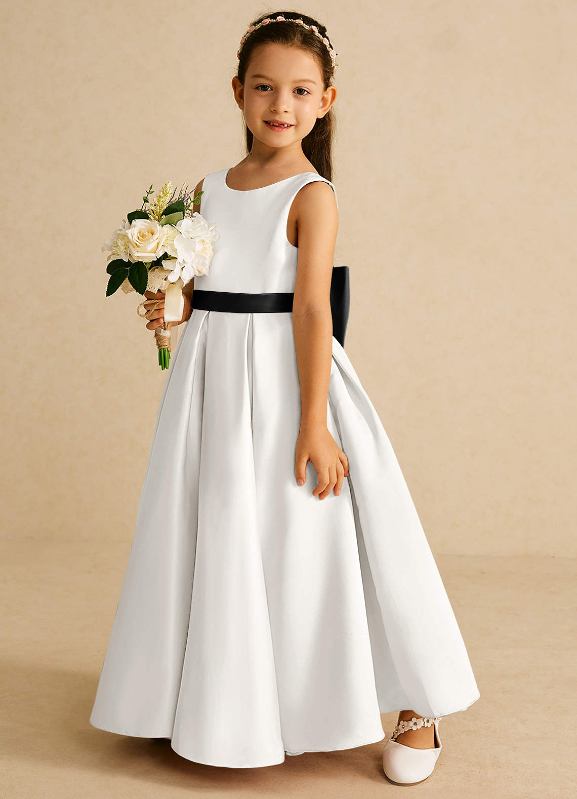 Azazie Pipsy Flower Girl Dresses Ivory Black A-Line Bow Matte Satin Dress image1