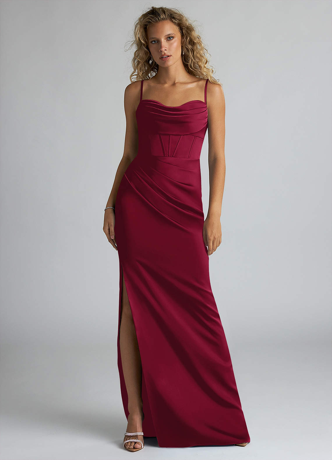 Azazie Mai Bridesmaid Dresses Burgundy Sheath Pleated Stretch Satin Dress image1
