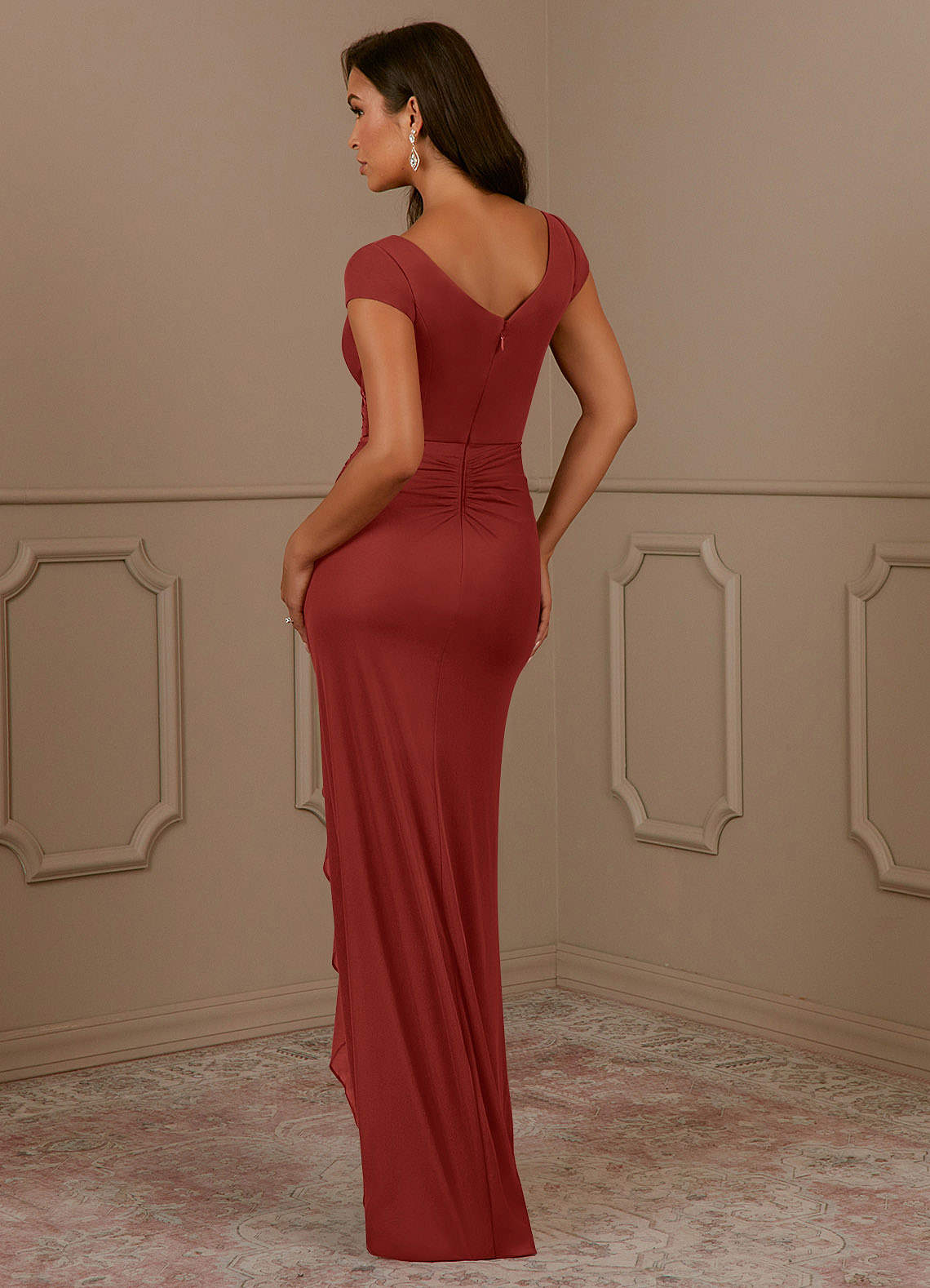 Azazie Roya Terracotta Mermaid V-Neck Pleated Mesh Dress | Azazie