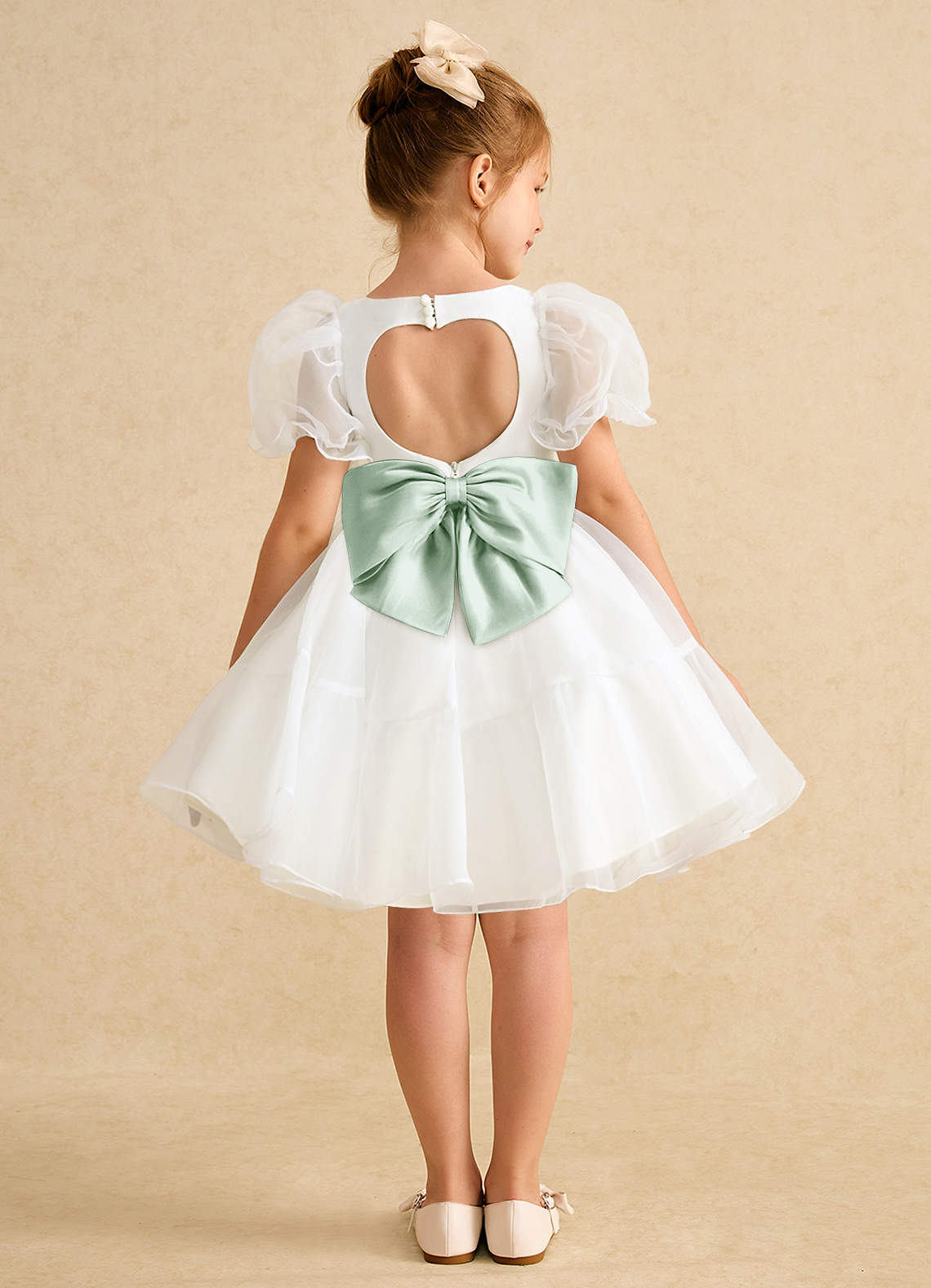 Azazie Debbie Flower Girl Dresses Ivory Agave Ball-Gown Sweetheart Neckline Organza Dress image1