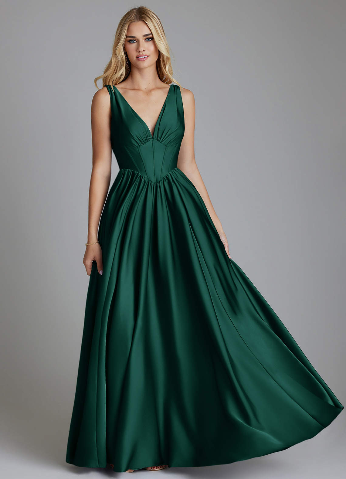 Azazie A-Line V-Neck Floor-Length Stretch Satin Bridesmaid Dresses - Emerald