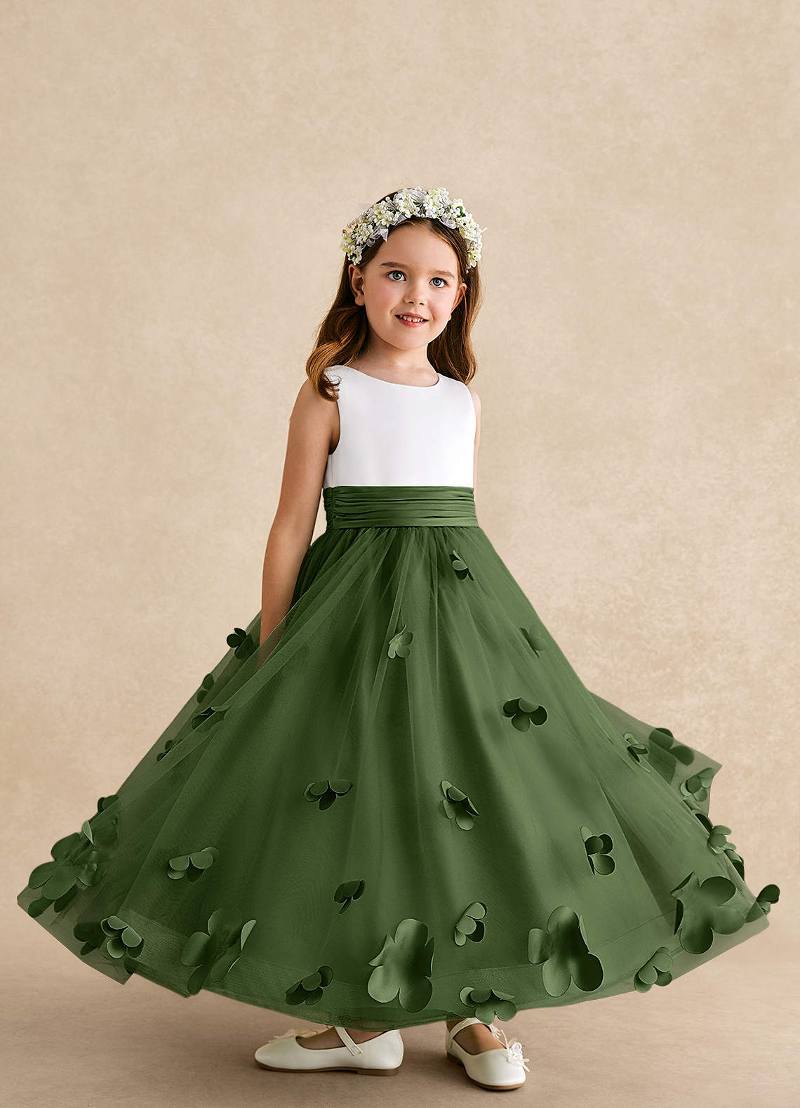Azazie Vi Flower Girl Dresses Olive A-Line Sleeveless Tulle Dress image7