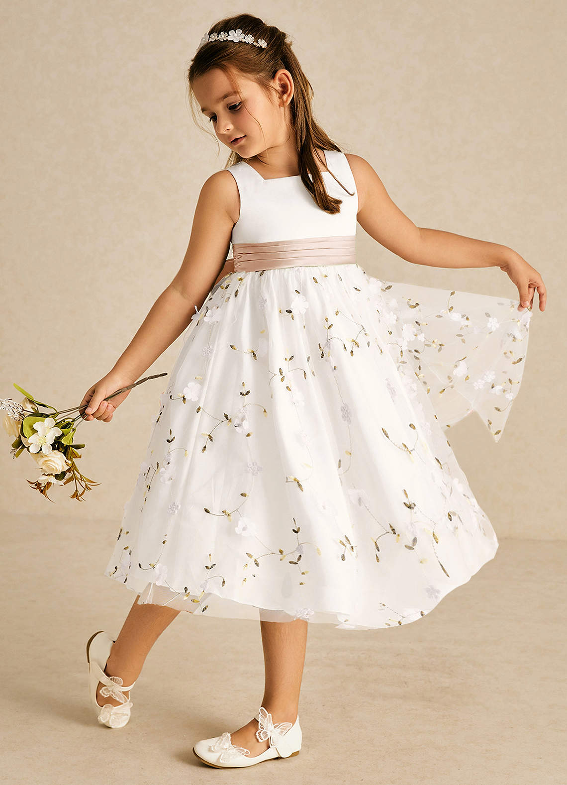 Azazie Pollie Flower Girl Dresses Ivory English Rose A-Line Bow Tulle Dress image1