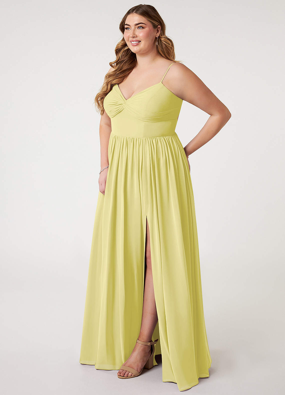 Azazie Zeya Bridesmaid Dresses Lemon Sorbet A-Line V-Neck Pleated Chiffon Dress image7