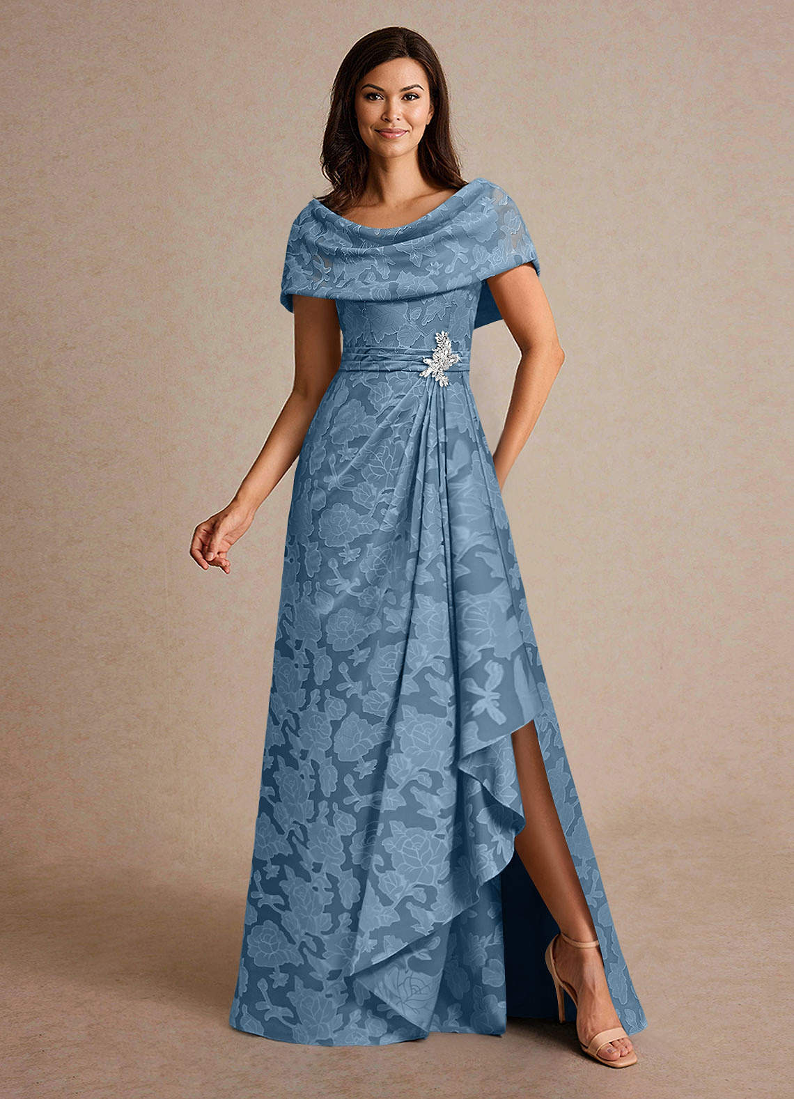 Azazie Branford Mother of the Bride Dresses Steel Blue A-Line Pleated Floral Burnout Dress image3