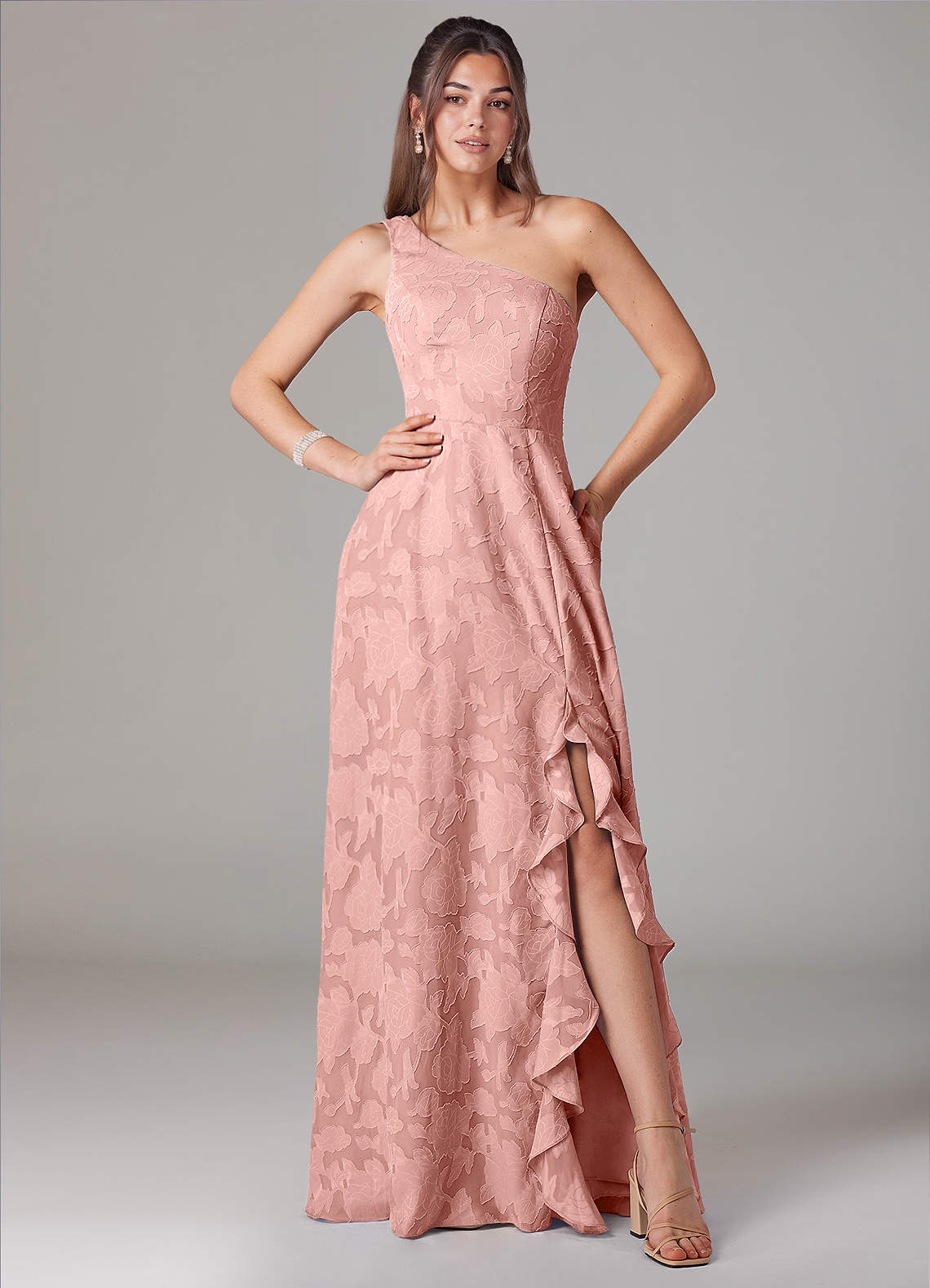 Azazie Ellianna Jurken voor bruidsmeisjes Jurk van Bloemen Burn-out met A-Lijn One-Shoulder Rozet image1