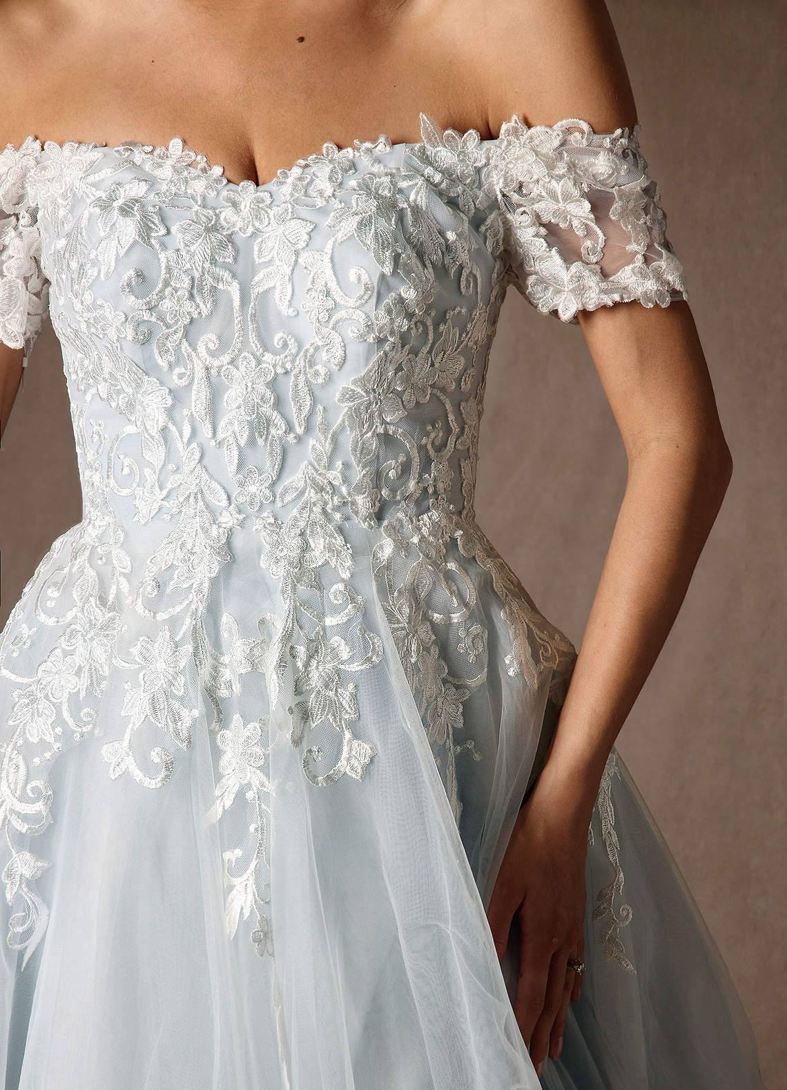 Azazie Rowe At-home Try On Dresses Cloudy Blue Ball-Gown Off the Shoulder Tulle Dress image3