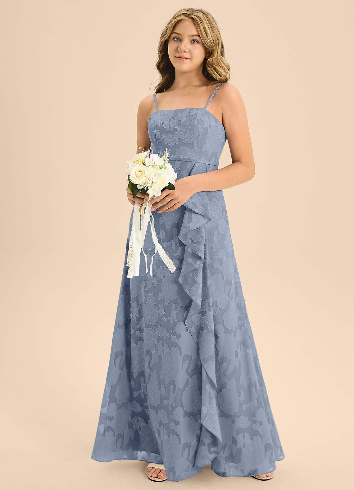 Azazie Kaylee Junior Vestido de Azul Polvoriento de Devorado Floral de Corte En A con Con cinturón image5