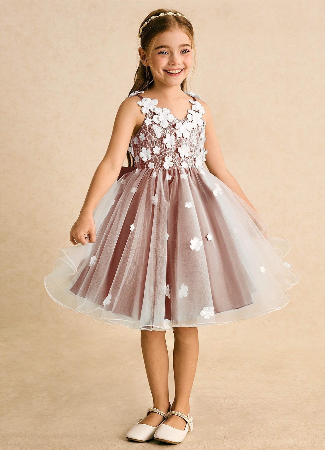 Azazie Junebug Robe Demoiselle D'honneur Fillette Robe Princesse en Tulle Dentelle Ivoire Auburn image4