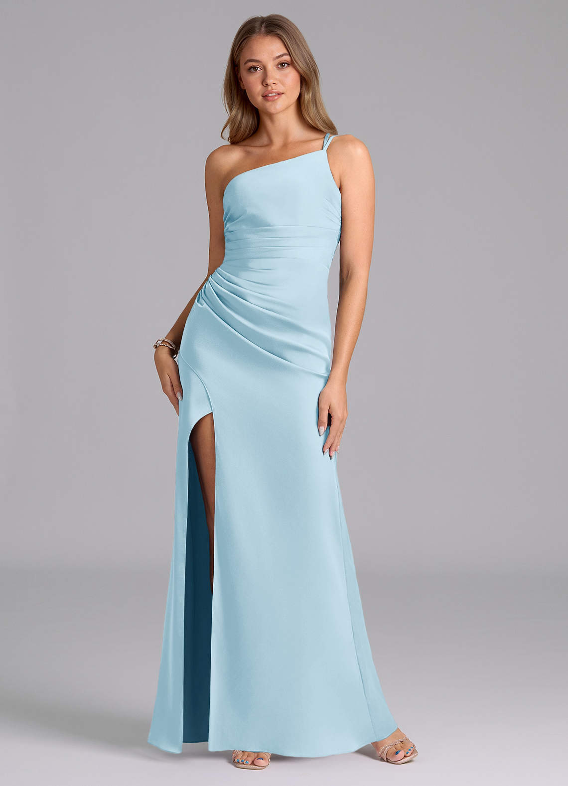 Azazie Eren Brautjungfernkleider Meerjungfrau-Linie One-Shoulder Stretch-Satin Kleid Himmelblau image1