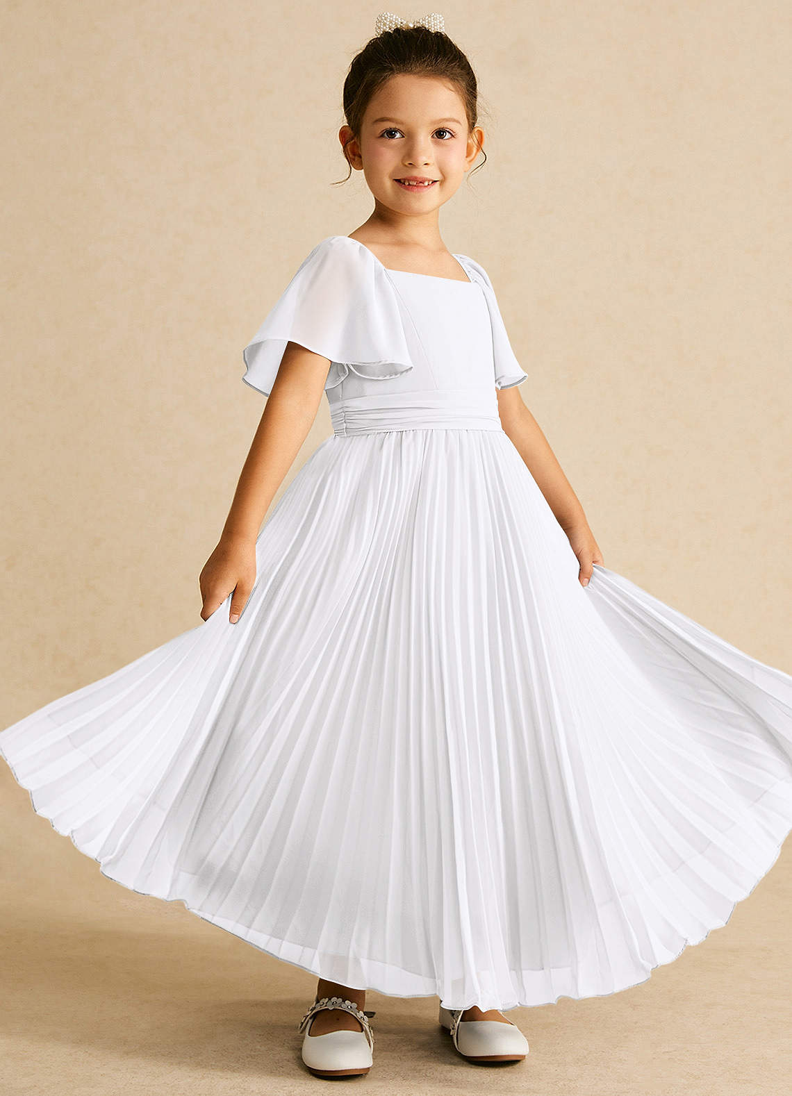 Azazie Bun Bun vestidos de niña de las flores Vestido de Blanco de Gasa de Corte En A con Plisado image1