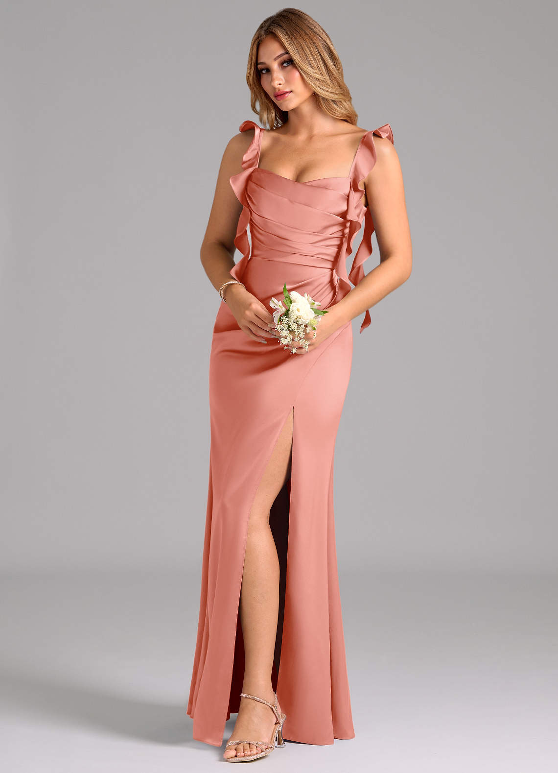 Azazie Jessamine Bridesmaid Dresses Coral A-Line Corset Stretch Satin Dress image1