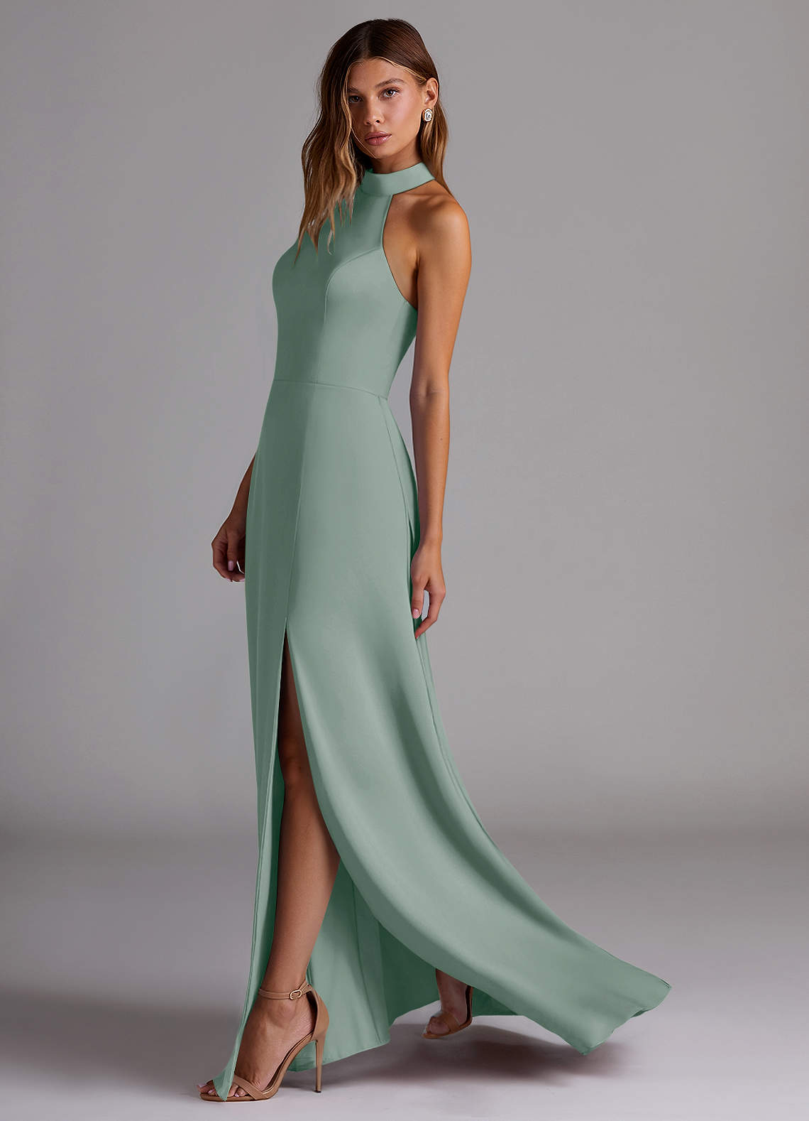 Azazie Myra Kjoler til hjemmeprøvning En streg Høj hals Stræk satin Gulv-længde Kjole image4