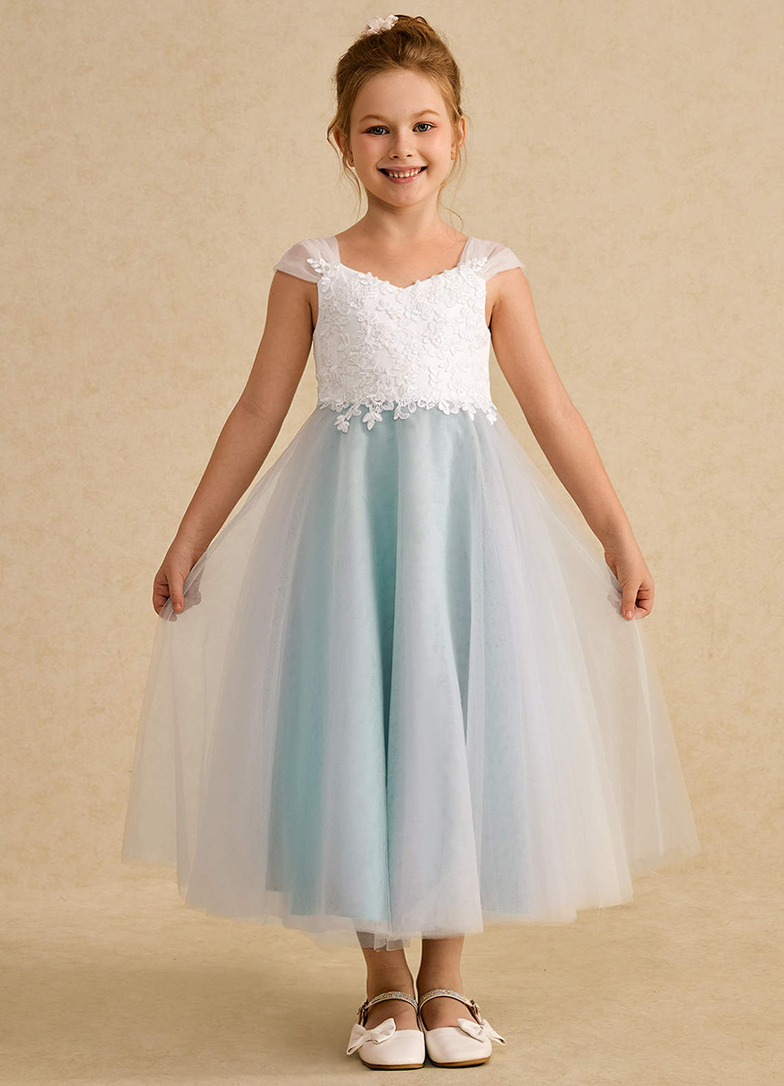 Azazie Momo Flower Girl Dresses Ivory Aqua A-Line Lace Dress image1