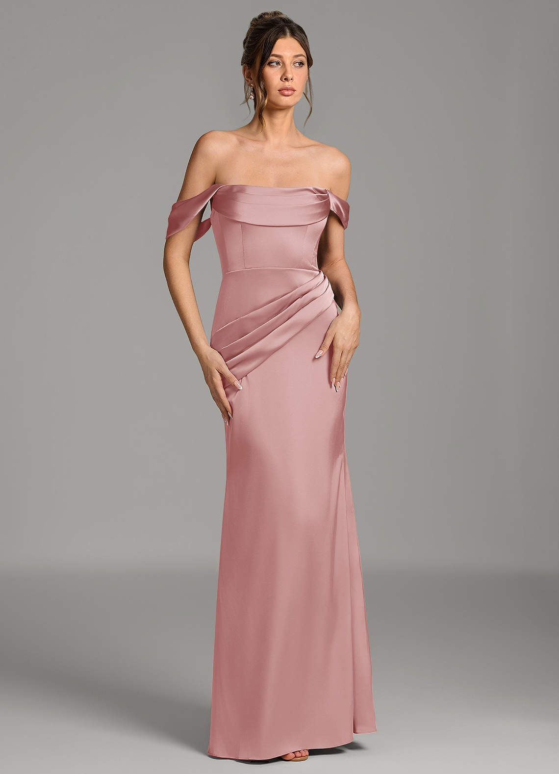 dusty pink mermaid bridesmaid dresses Azazie Off The Shoulder Floor-Length Stretch Satin elongated profile maxi dress for wedding Pretty Little Thing Dress COLOR:Cream