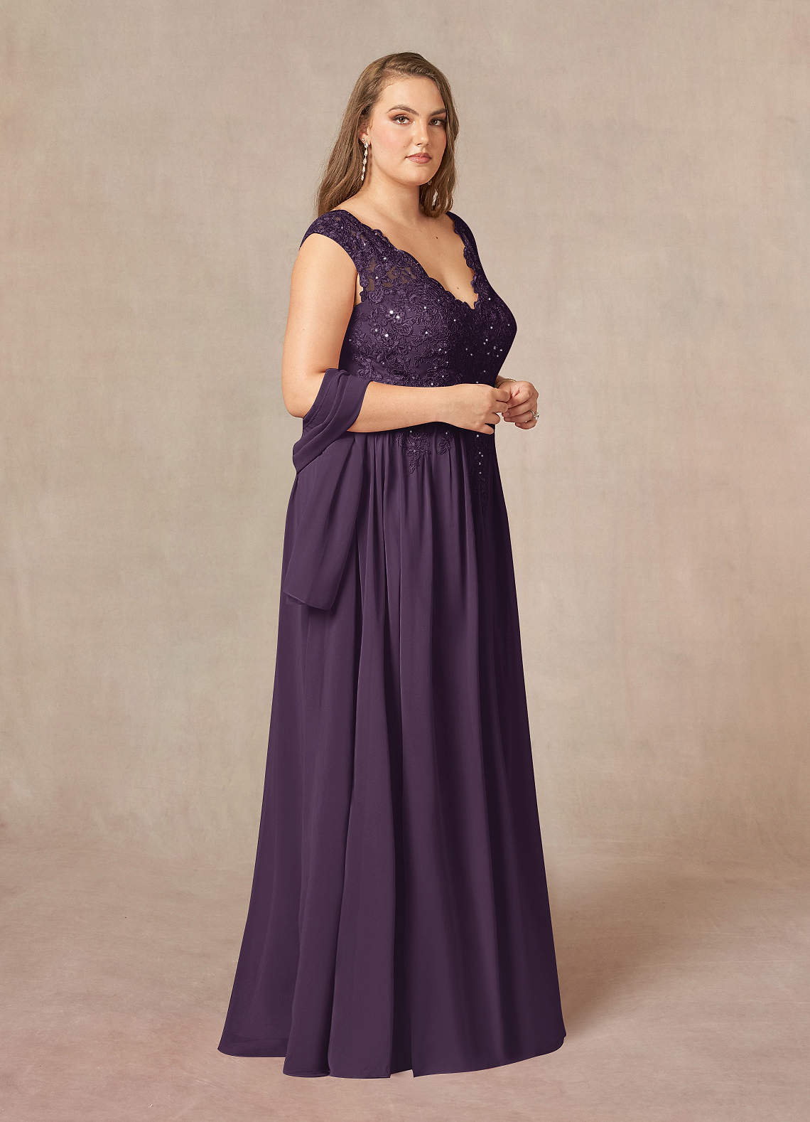 Azazie Amethyst Plum A-Line V-Neck Sequins Chiffon Dress