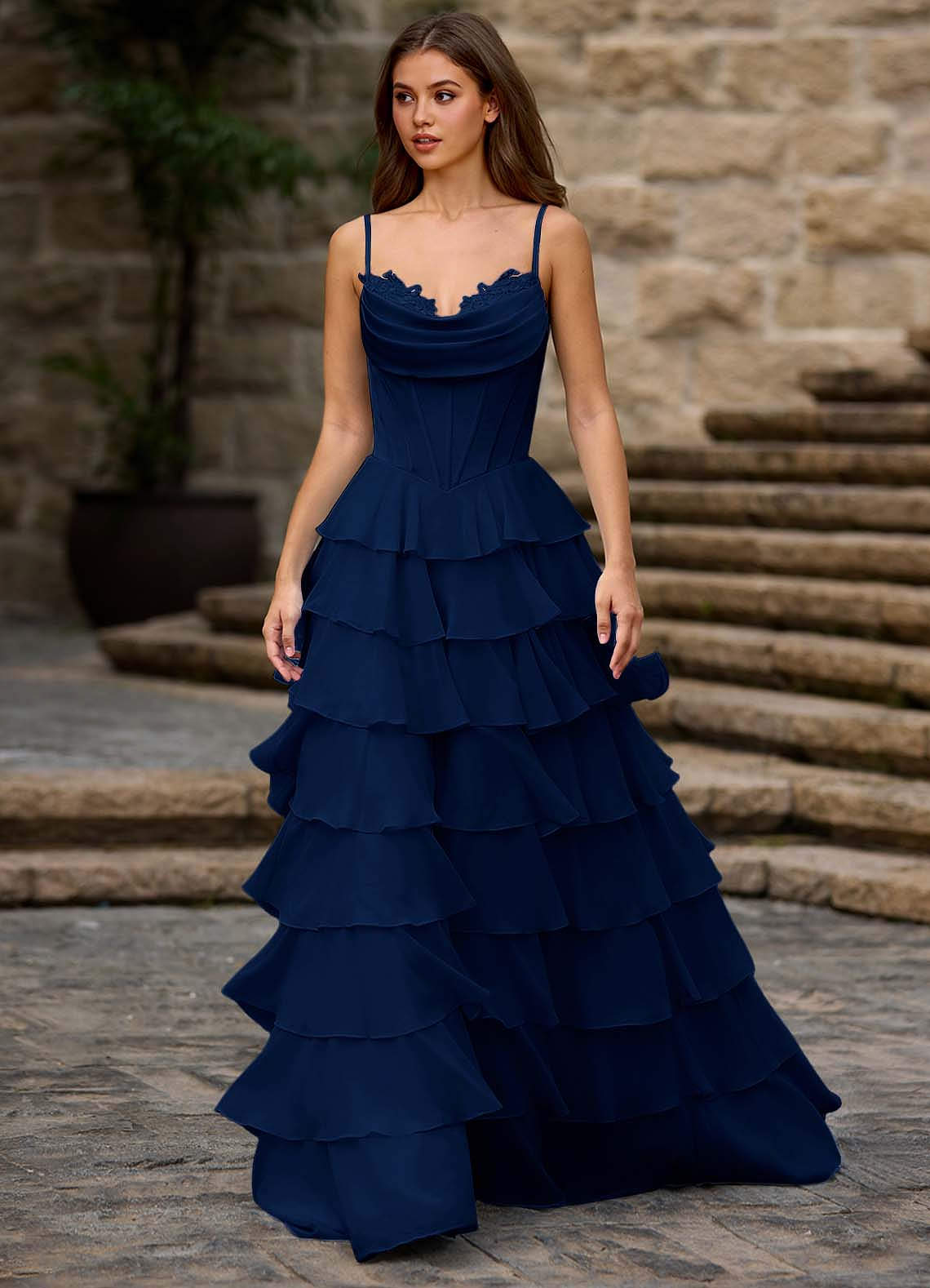 Floralace Navy Ruffled A-line Prom Dress image1