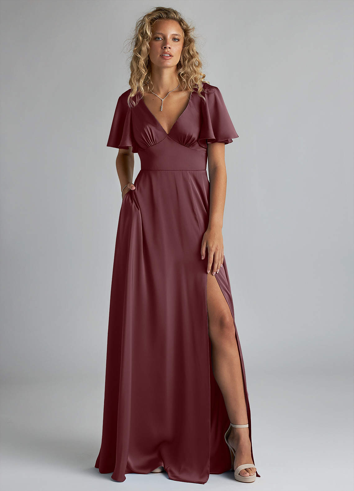Azazie Kimber Bridesmaid Dresses Sangria A-Line Ruched Stretch Satin Dress image1