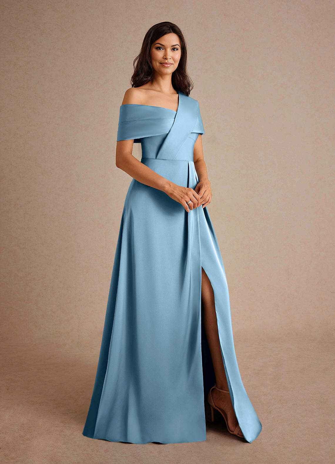 Azazie Milton Mother of the Bride Dresses Steel Blue A-Line Pleated Stretch Satin Dress image5