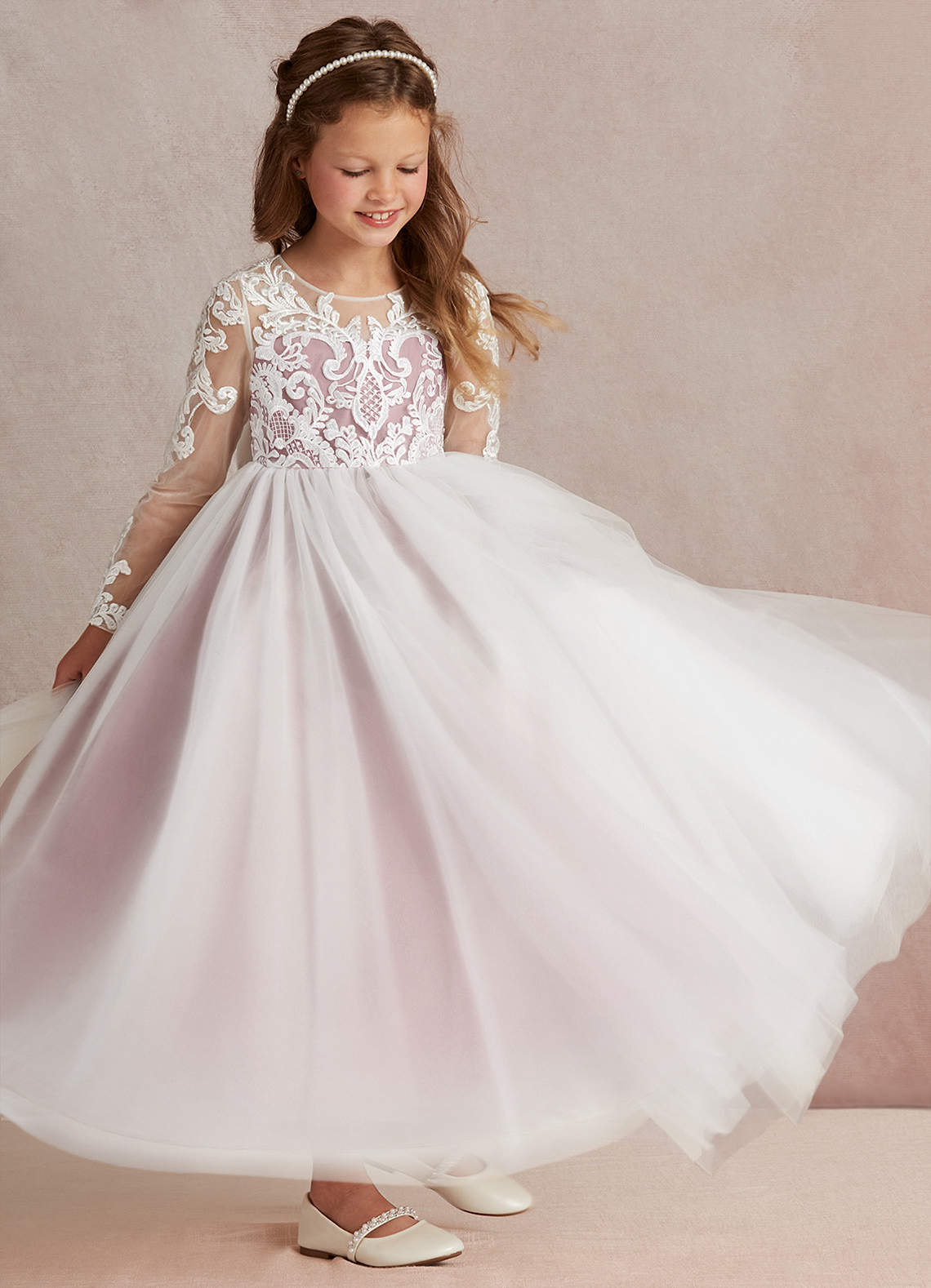 Azazie Elodie Robe Demoiselle D'honneur Fillette Robe Princesse en Dentelle Ivoire Rose Poussiéreux image1