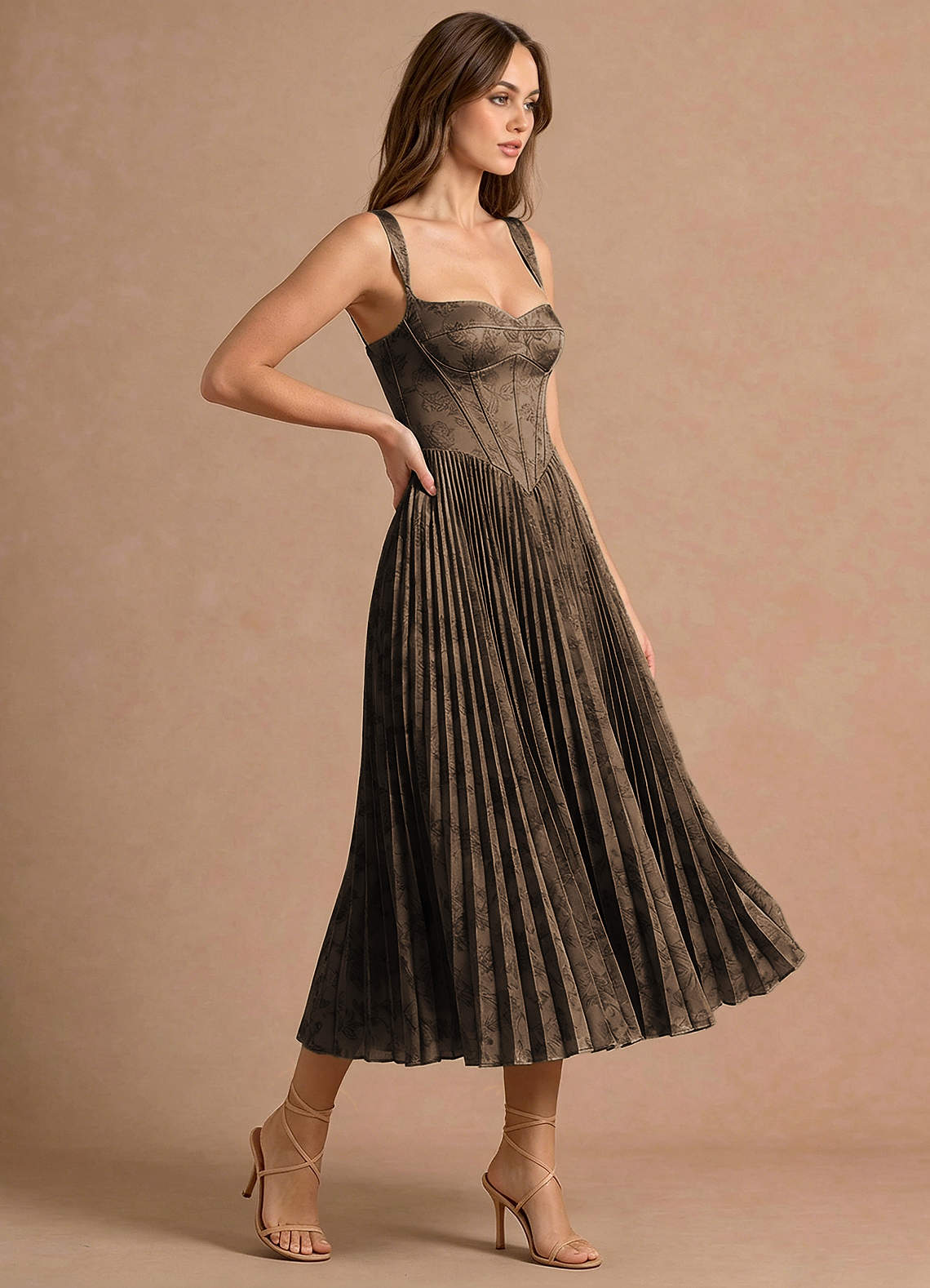 coffee brown midi dress Coffee Brown Floral Striped Midi Dress Wedding Formal Gowns Prom V-Neck Puff Sleeve Elegant Regular Fit Flared High Waist A-Line Party Even,M