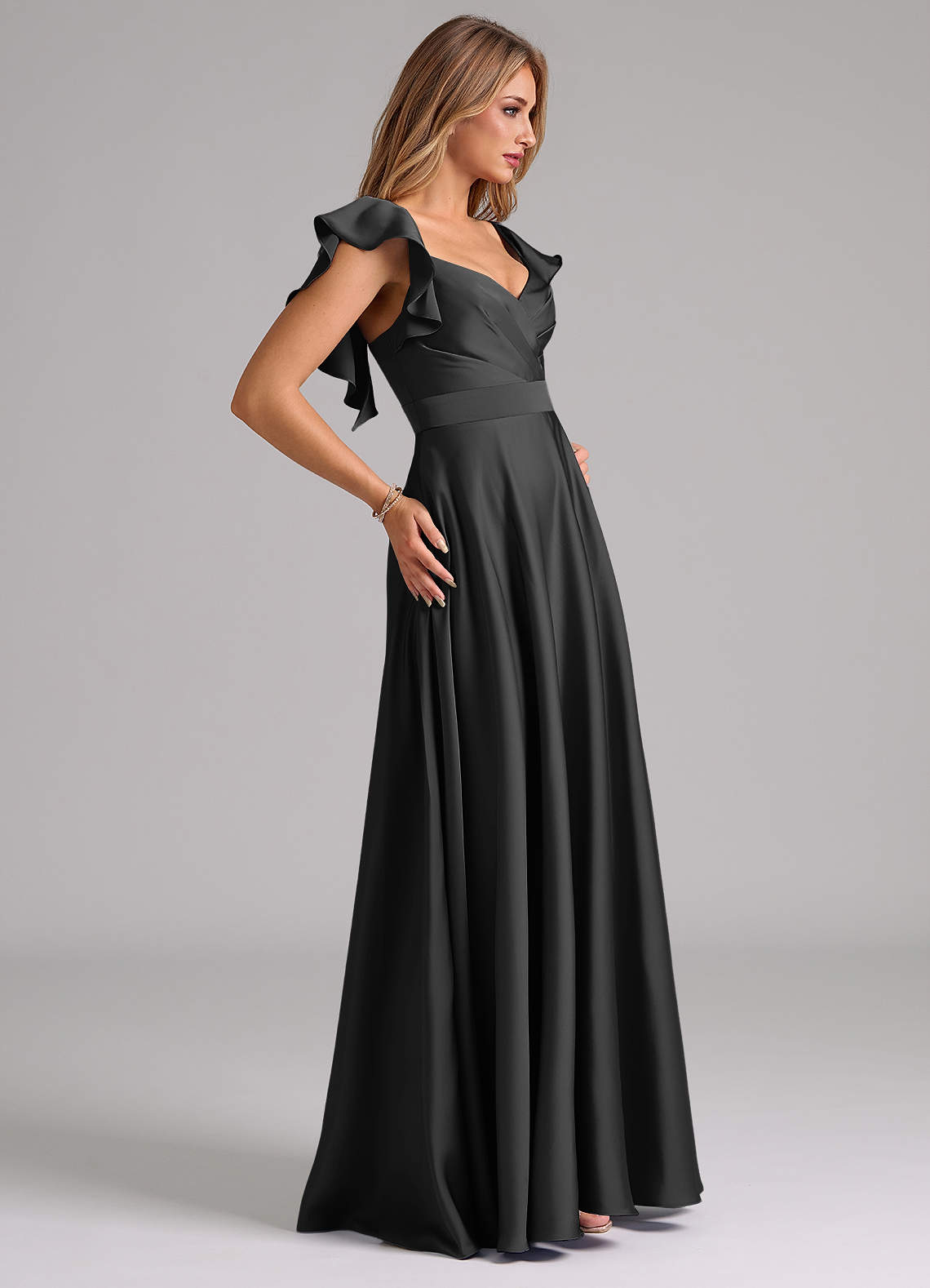 Azazie Leilani Bridesmaid Dresses Black A-Line Ruched Stretch Satin Dress image5