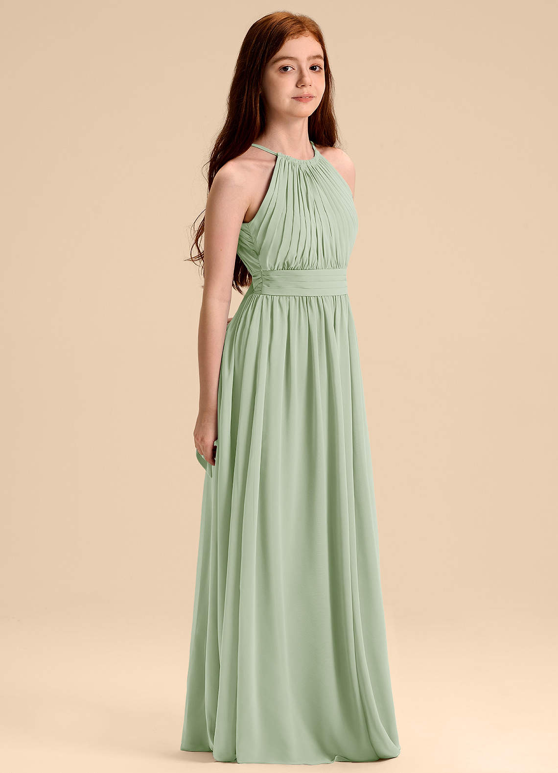 Azazie Malone Junior Vestido Dusty Sage de Chiffon de Linha A com Plissado image4