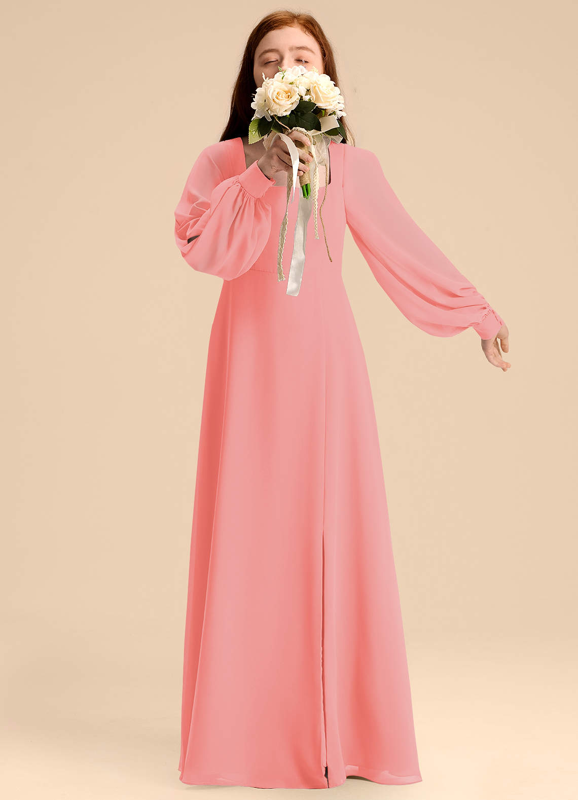 Azazie Bondi Junior Coral A-Line Blouson Chiffon Dress image1
