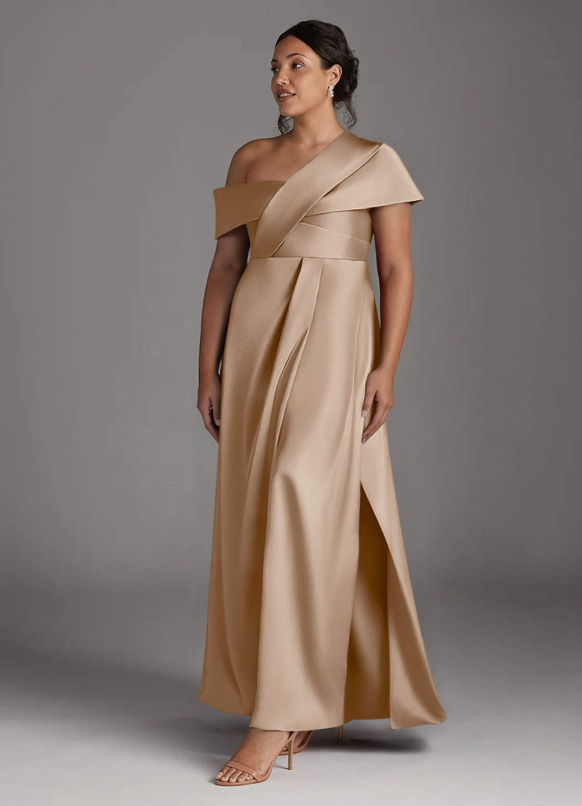 Azazie Milton Mother of the Bride Dresses Taupe A-Line Pleated Stretch Satin Dress image10