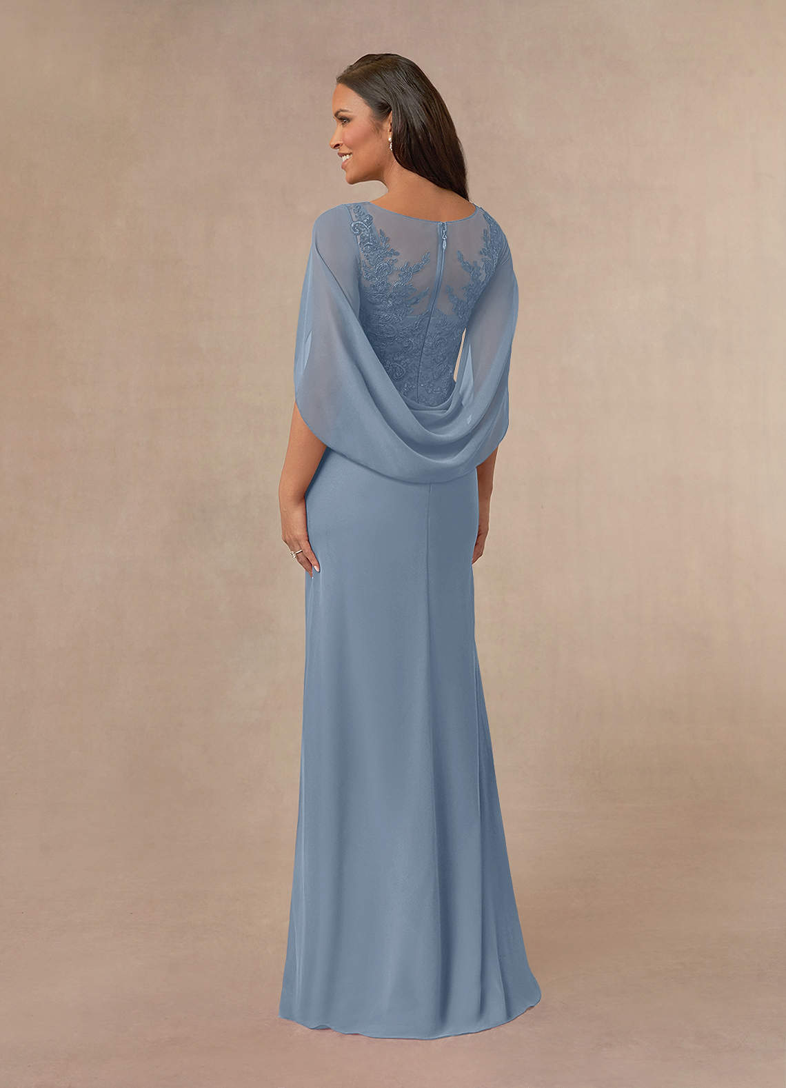 Azazie Hera Mother of the Bride Dresses Dusty Blue A-Line Lace Capelet Chiffon Dress image2