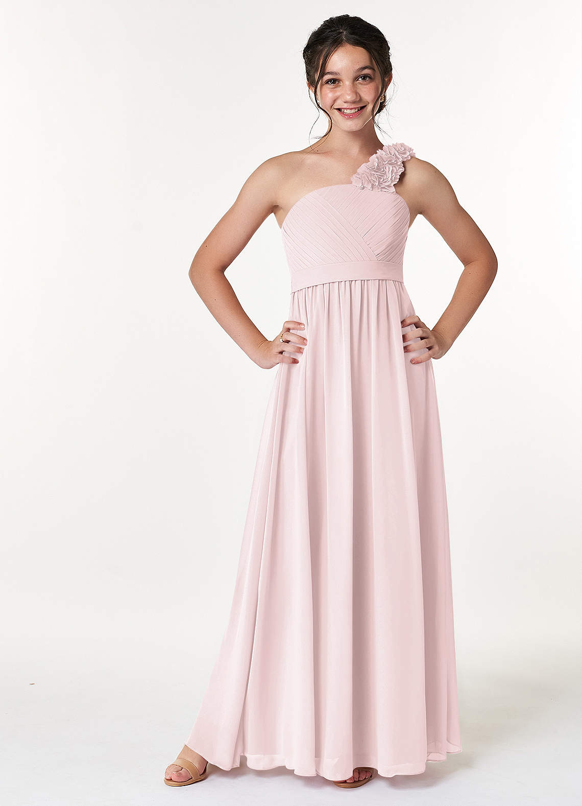 Azazie Flower Junior Blushing Pink A-Line Pleated Chiffon Dress image1