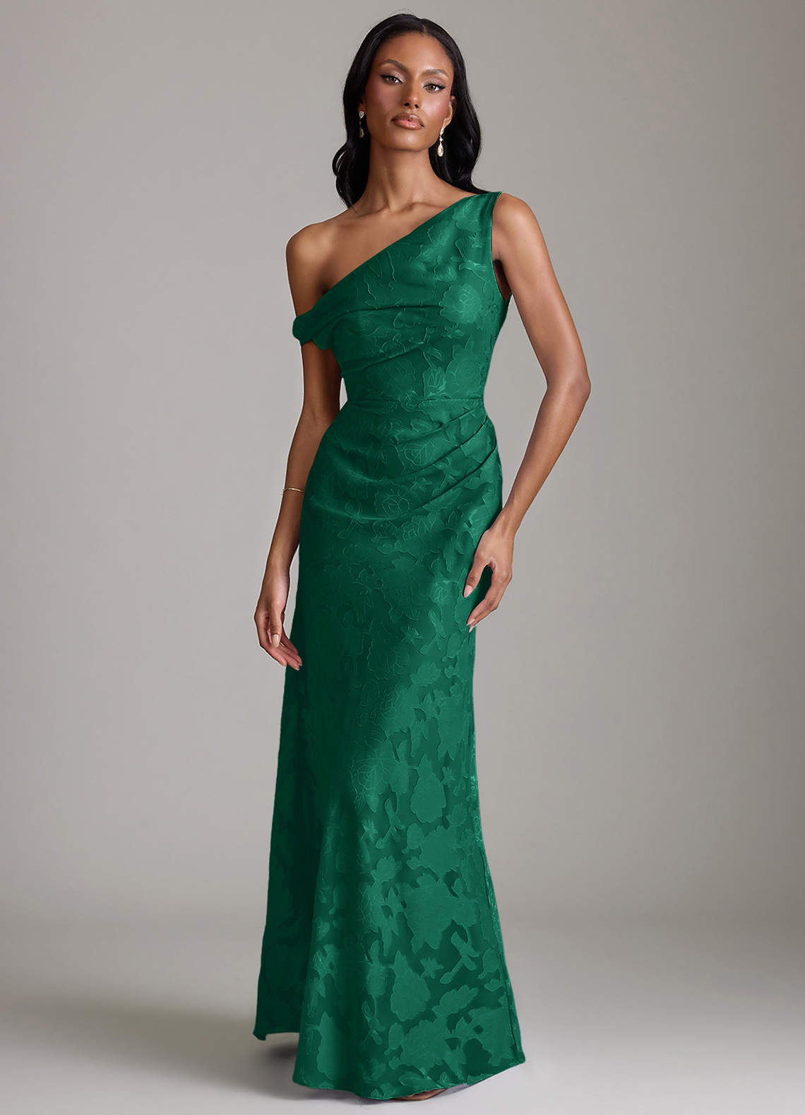 emerald green floral satin dress Azazie Emerson Ready to Ship Burnout Bridesmaid Dresses curvy midi dress with pockets
