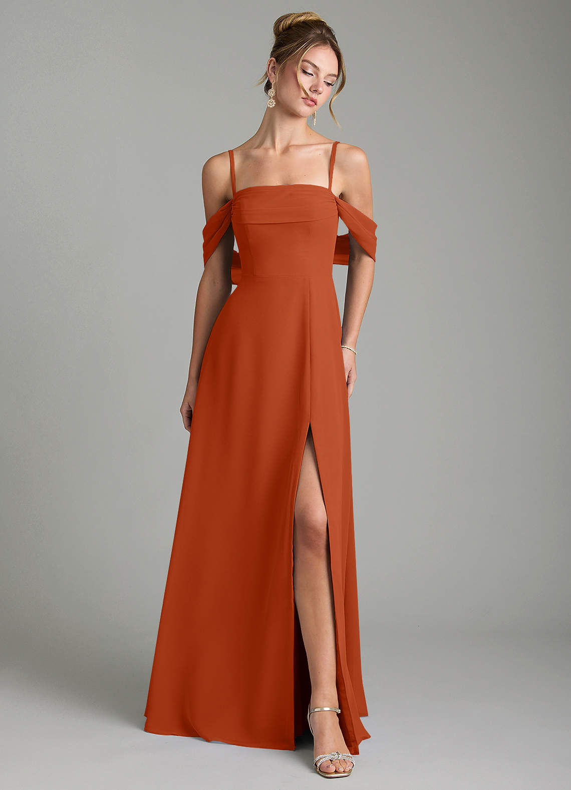 burnt orange chiffon bridesmaid dresses Azazie Mercedes
