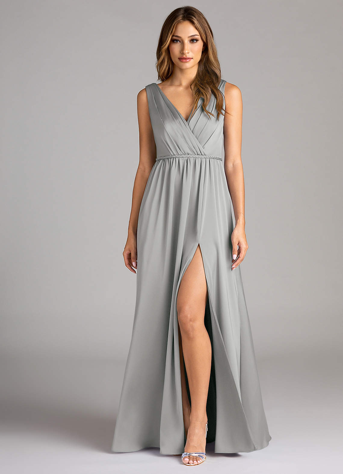 Azazie Tanicia Bridesmaid Dresses Silver A-Line Pleated Stretch Satin Dress image1