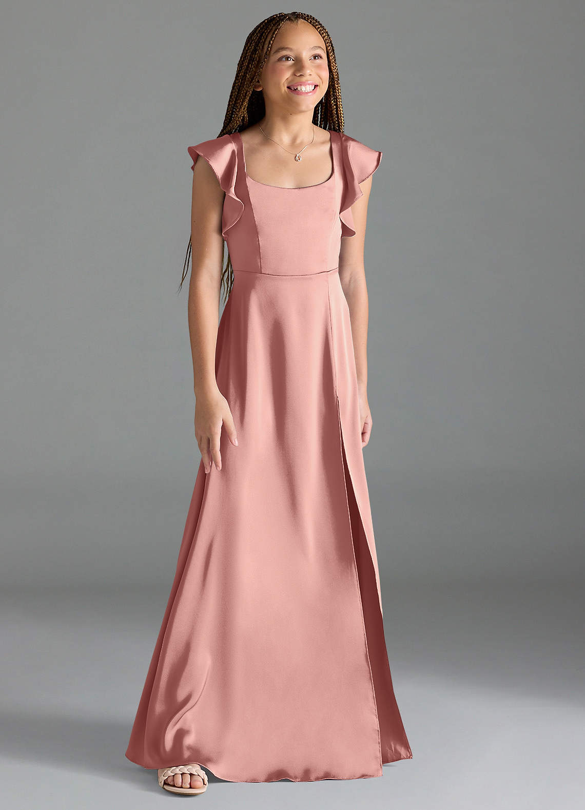 Azazie Bondi Junior Rosette A-Line Side Slit Stretch Satin Dress image2