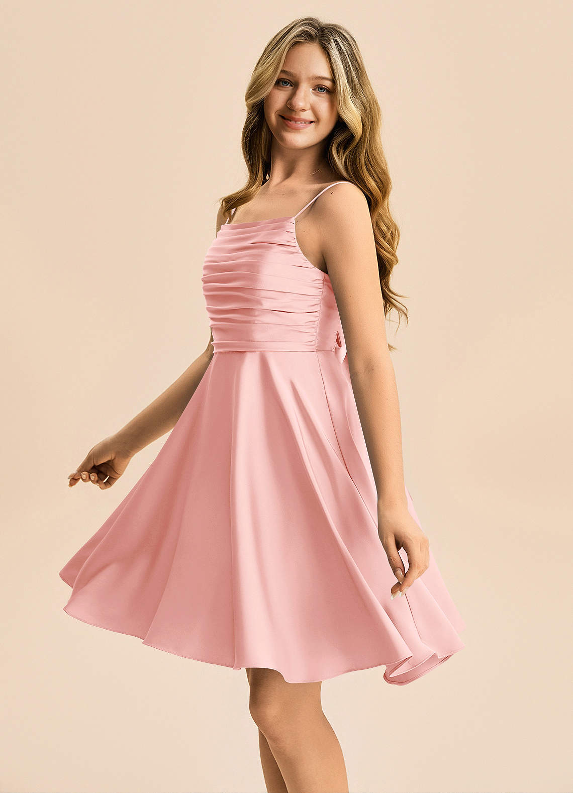 Azazie Miko Junior Blushing Pink A-Line Pleated Stretch Satin Dress image6