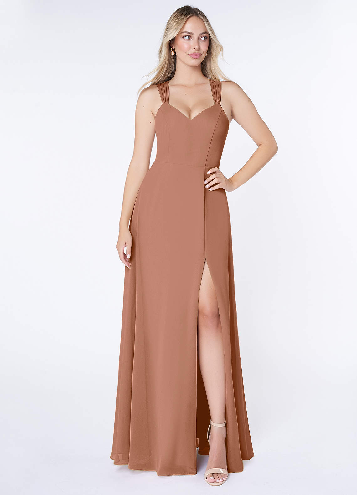 Azazie Jane Bridesmaid Dresses Bronzer A-Line V-Neck Pleated Chiffon Dress image1