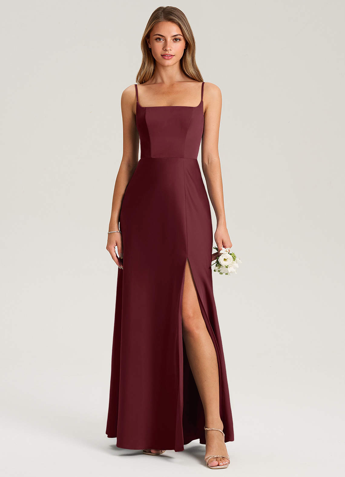 Azazie Lidia Vestidos de damas de honor Vestido de Cabernet de Satén Elástico de Corte Sirena con Corte Lateral image9