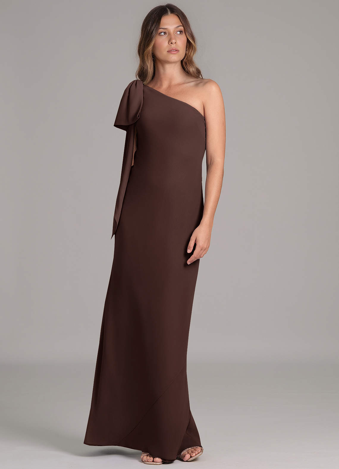 Azazie Capri Bridesmaid Dresses Ganache A-Line One Shoulder Chiffon Dress image4