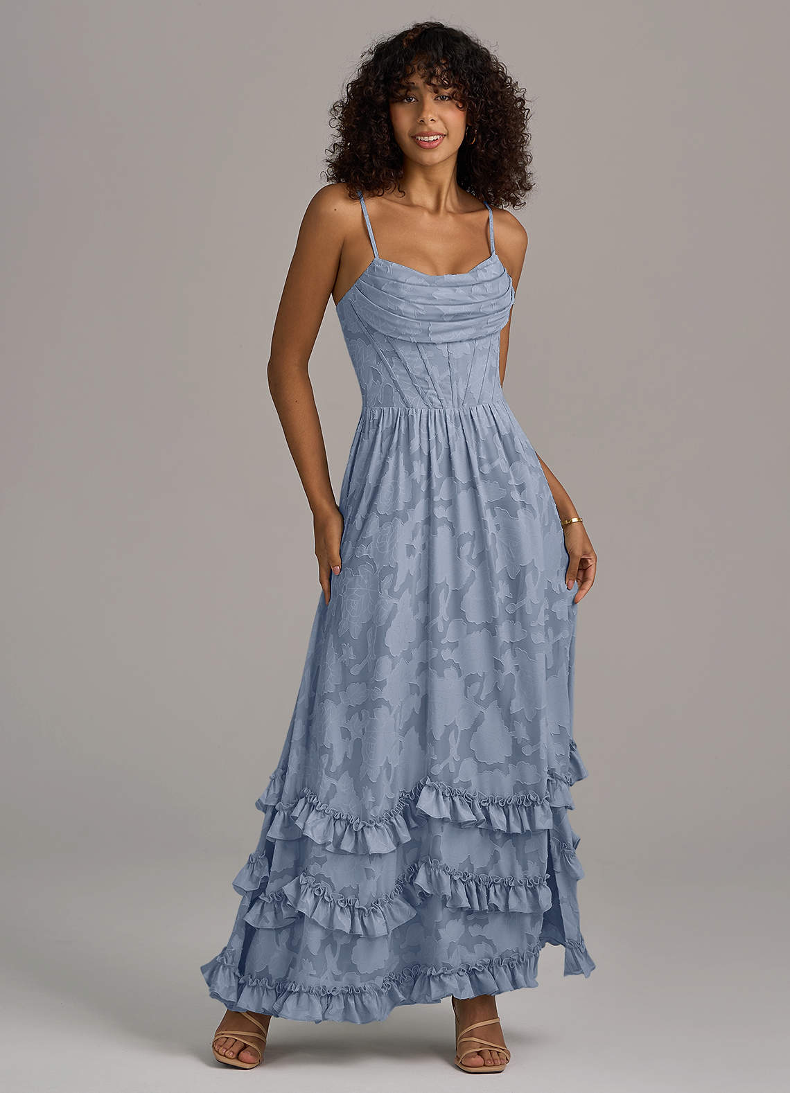 Azazie Lettie Dusty Blue Floral Burnout Bridesmaid Dresses | Azazie