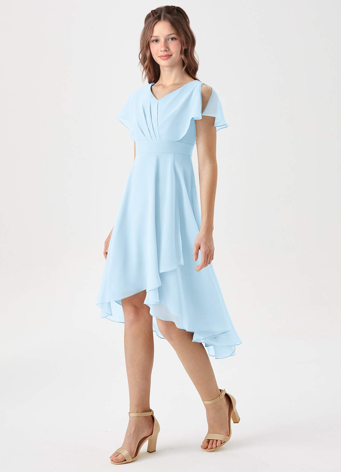 Azazie Graciela Junior Sky Blue A-Line Pleated Chiffon Dress image1
