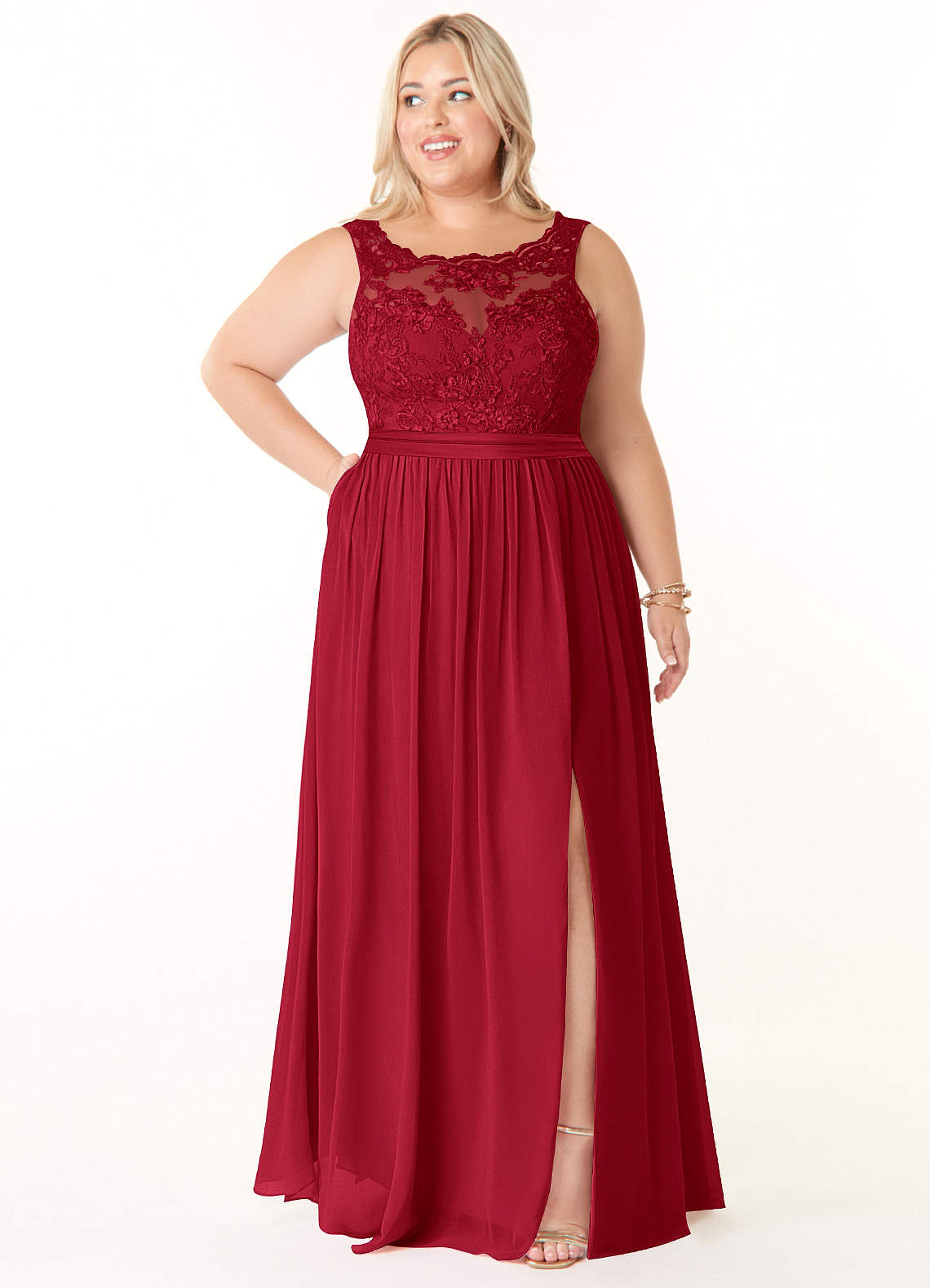 Azazie Elly Bridesmaid Dresses Scarlet A-Line Lace Scoop Neck Chiffon Dress image1