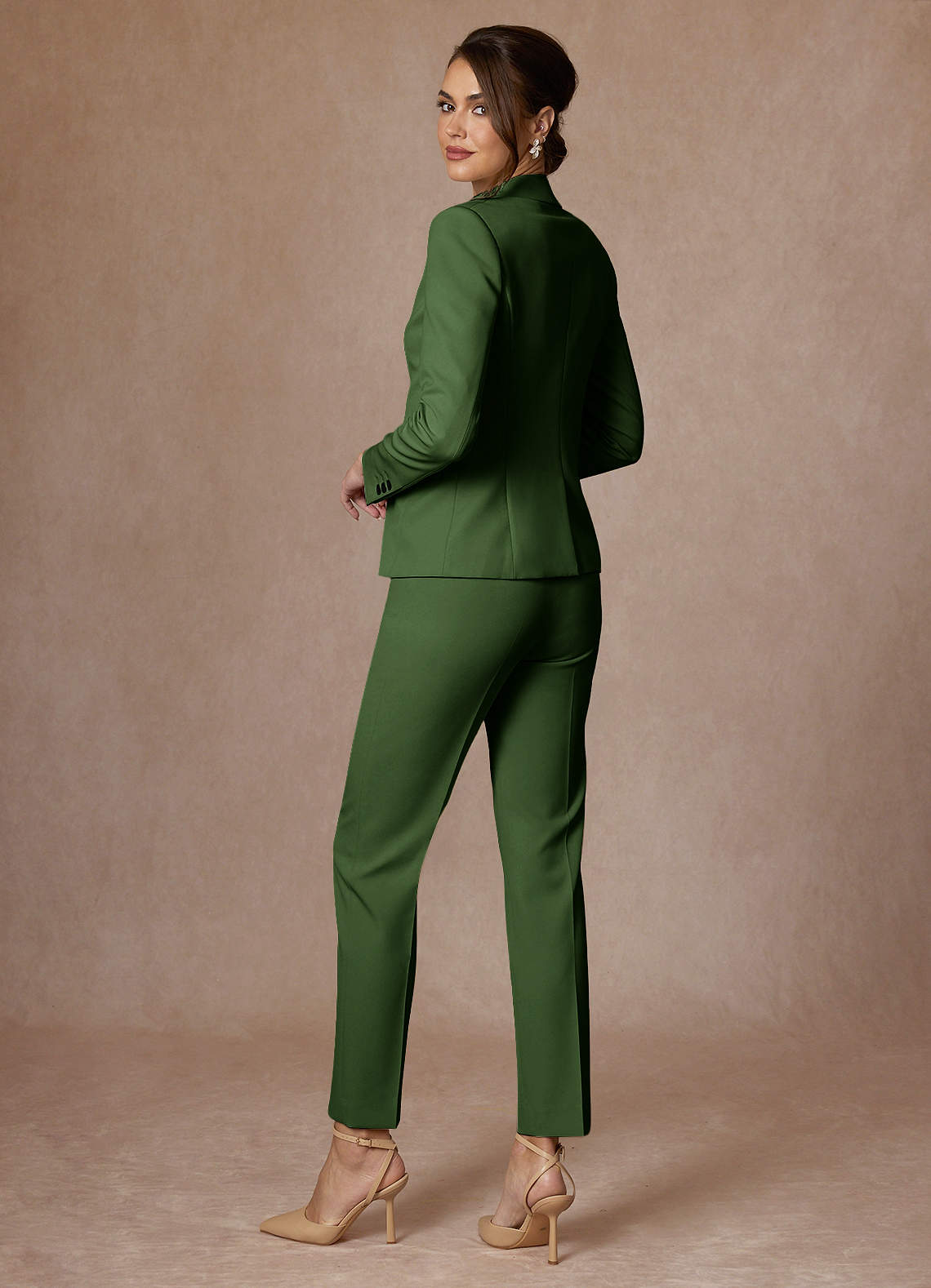 front Whitney Olive Structured Stretch Full Length Dress Pants